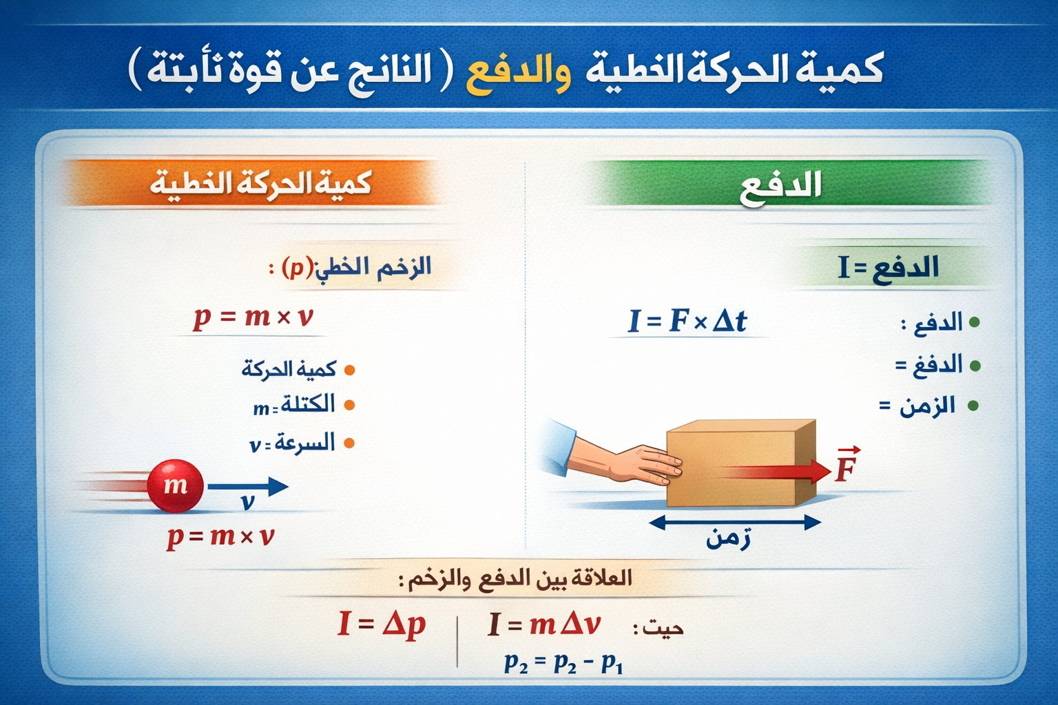 المحاضرة الاولى – 7.1- كمية الحركة الخطية 7.2 الدفع ( الناتج عن قوة ثابتة ) – 11 متقدم – فيزياء