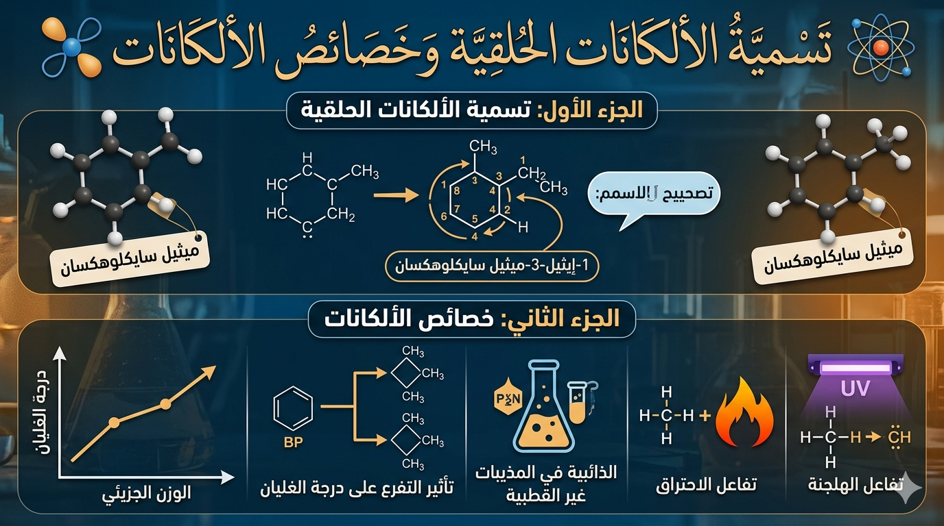 المحاضرة التاسعه – تابع الالكينات + تسمية الالكانات الحلقية وخصائص الالكانات- كيمياء – 12متقدم