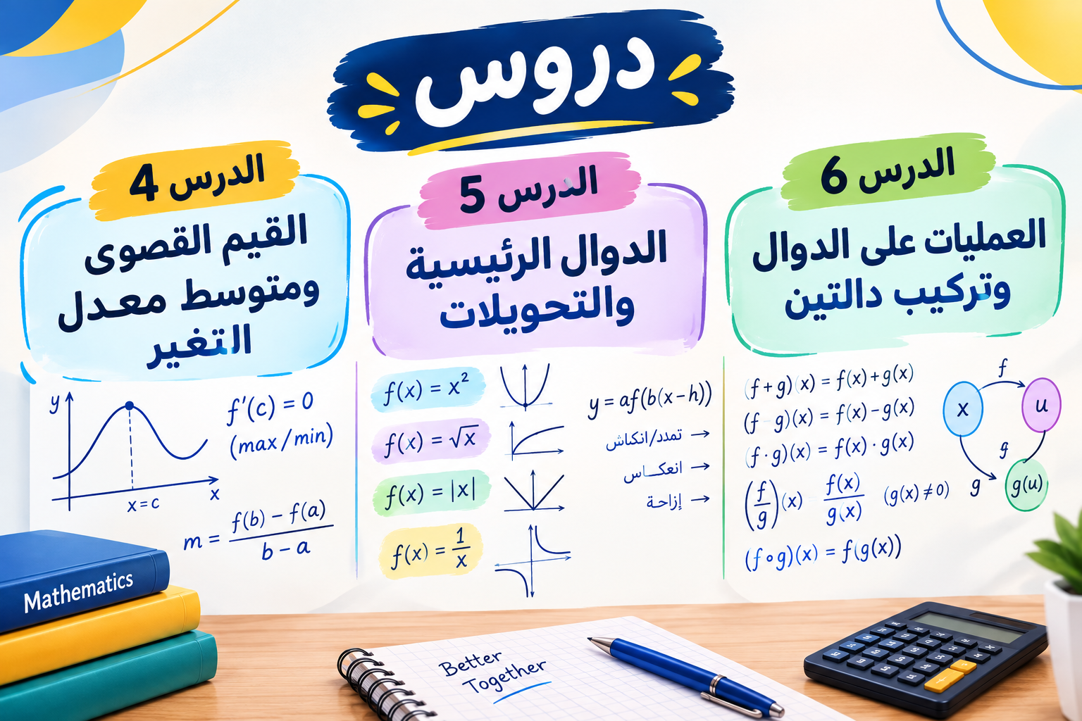 المحاضرة الثالثة – درس 4 القيم القصوى ومتوسط معدل التغير + درس 5 الدوال الرئيسية والتحويلات + درس 6 العمليات على الدوال وتركيب دالتين – الرياضيات – 11 متقدم