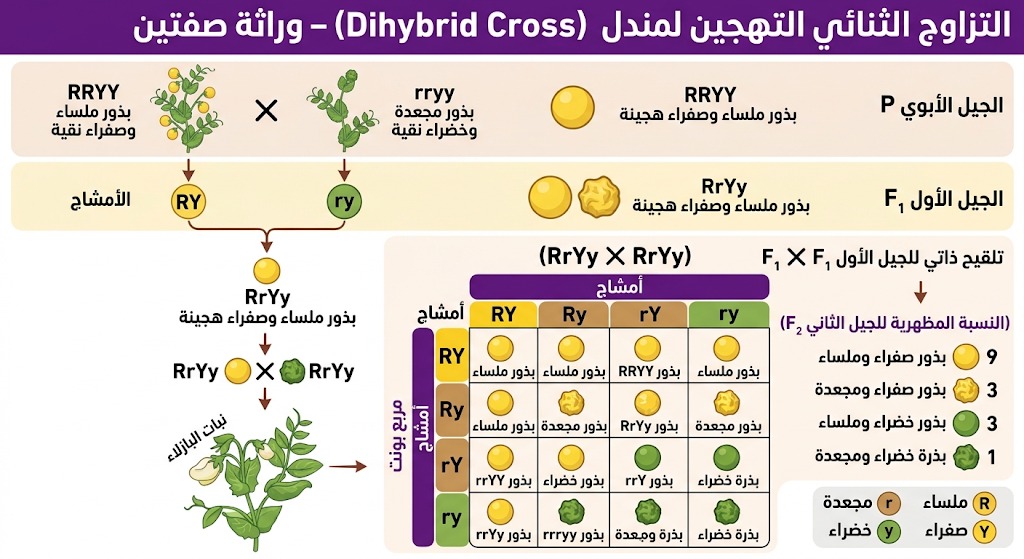 المحاضرة الثالثة ” التزاوج ثنائي التهجين + الاحتمال +قانون مندل الثاني ” الاحياء – 12 متقدم