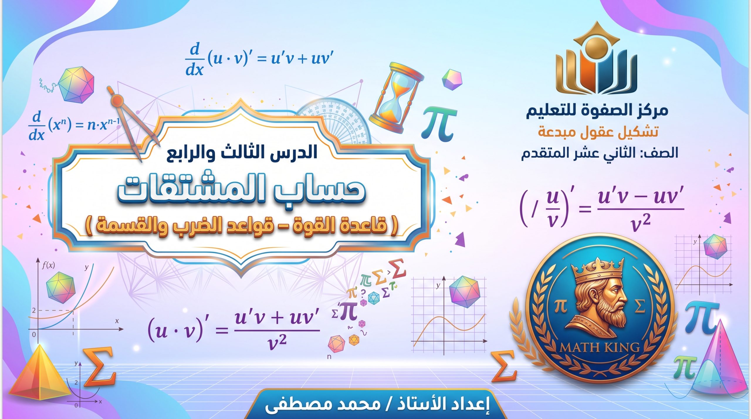 المحاضرة الواحد وعشرون – حساب المشتقات – قاعدة القوة + قاعدة الضرب والقسمة – الرياضيات – 12 متقدم