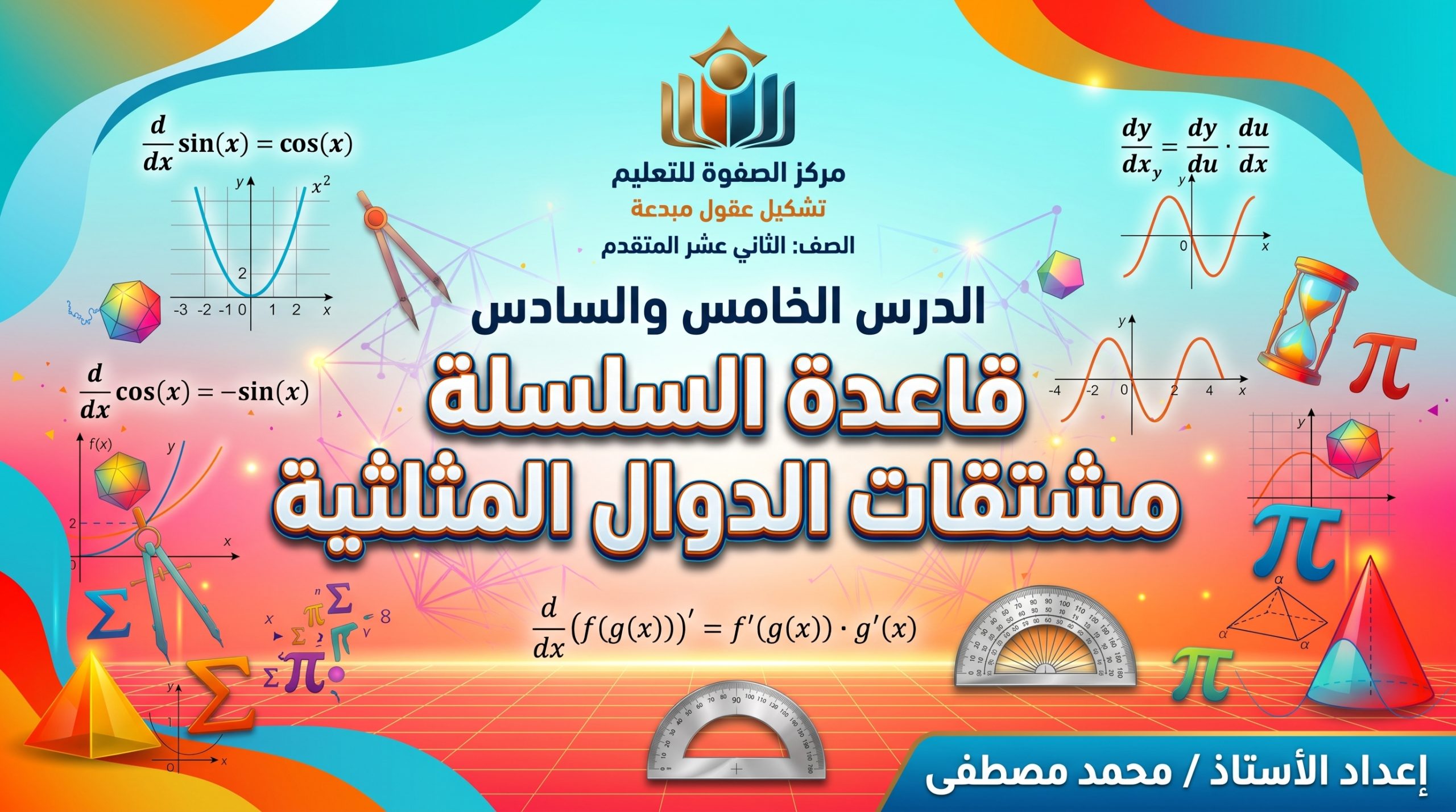المحاضرة الثالثة والعشرون -الدرسين الخامس والسادس – قاعدة السلسلة + مشتقات الدوال المثلثية – الرياضيات – 12 متقدم