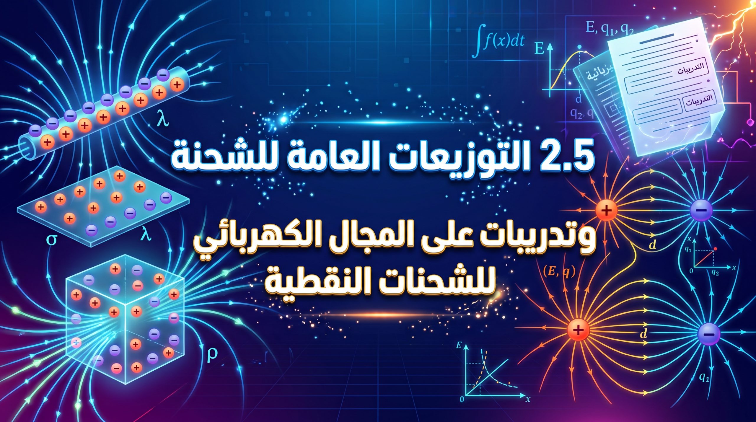 المحاضرة الخامسة عشر -2.5 التوزيعات العامة للشحنة و تدريبات على المجال الكهربائي للشحنات النقطية – الفيزياء – 12 متقدم