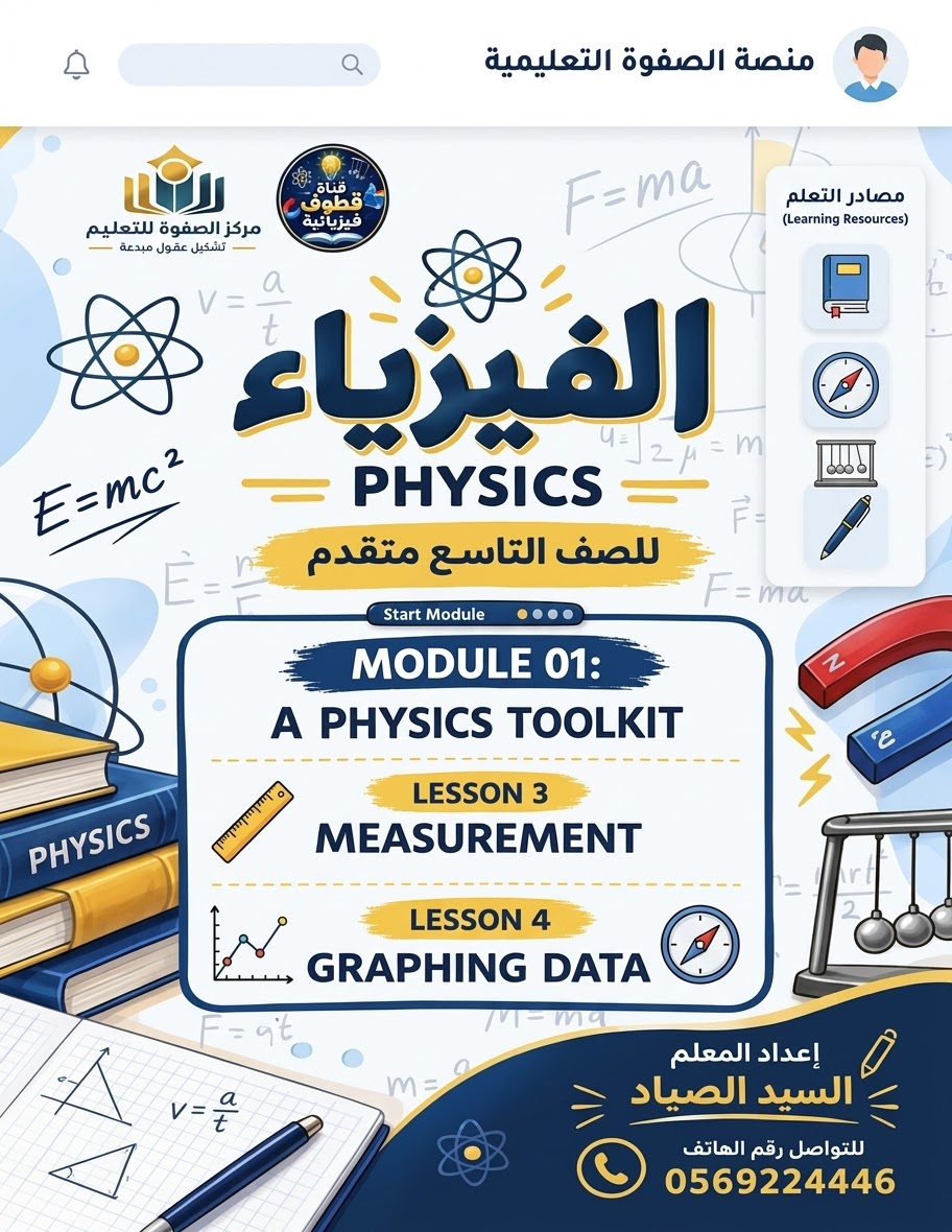 المحاضرة الرابعة – 1. الدرس الثالث (Lesson 3): القياس (MEASUREMENT)  2. الدرس الرابع (Lesson 4): التمثيل البياني للبيانات (AGRAPHING DAT) – الفيزياء – تاسع متقدم